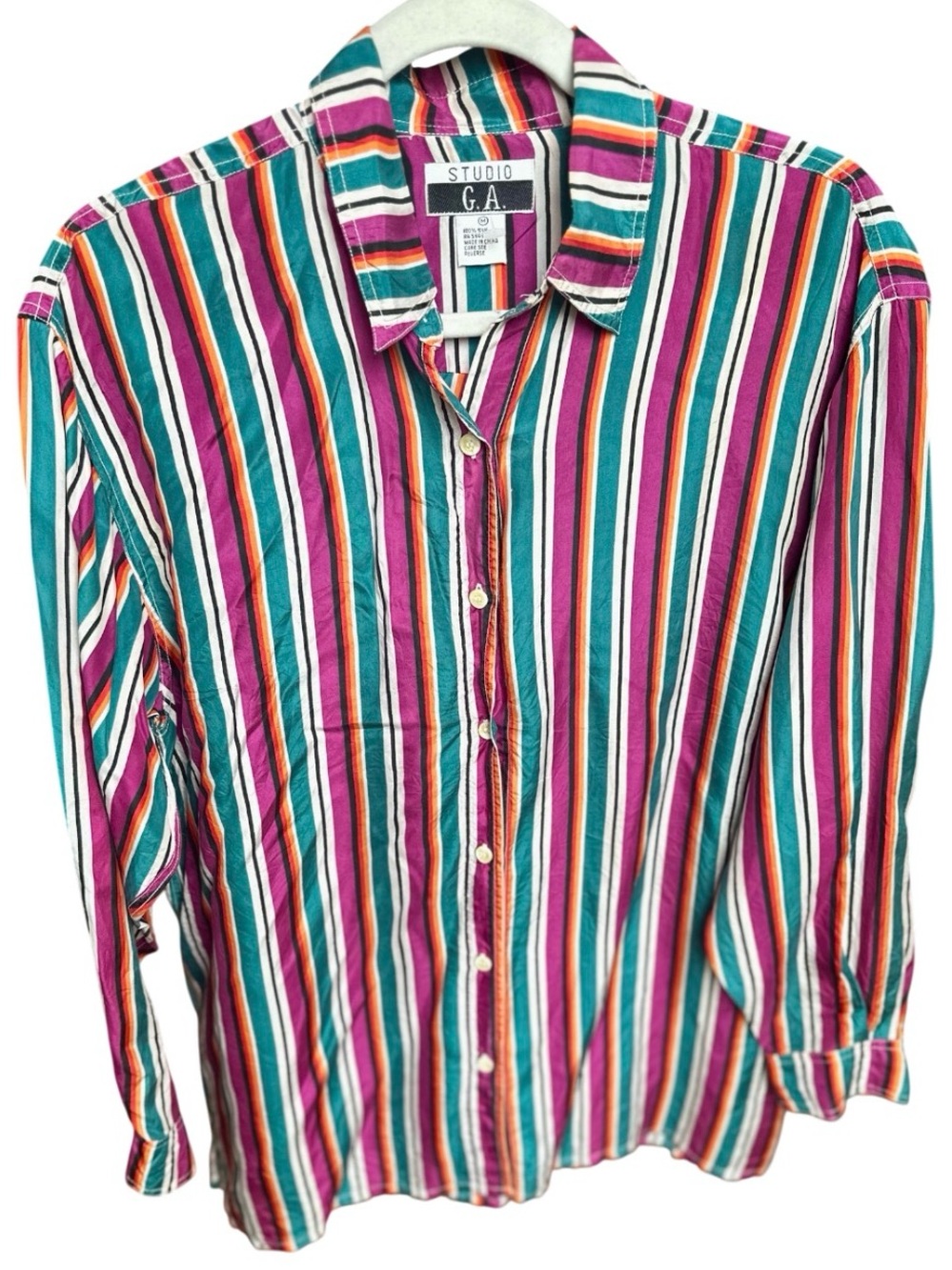 Vintage Studio G.A. 100% Silk Striped Shirt in Teal, Magenta & Orange M